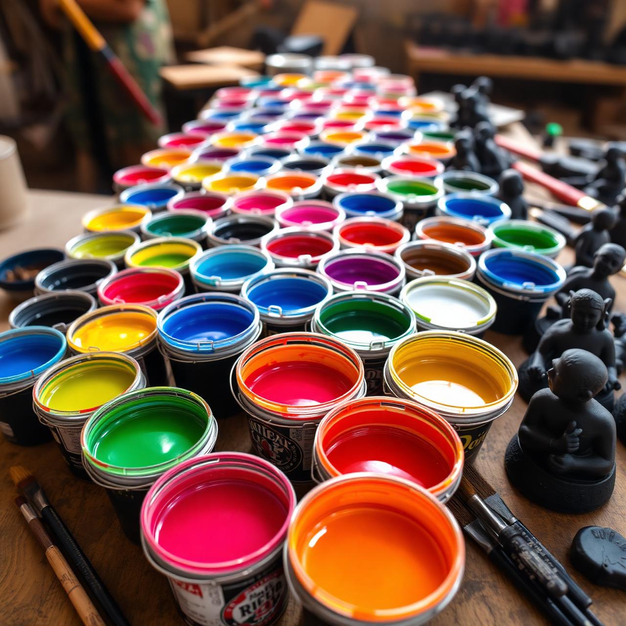 Paint buckets in the workshop